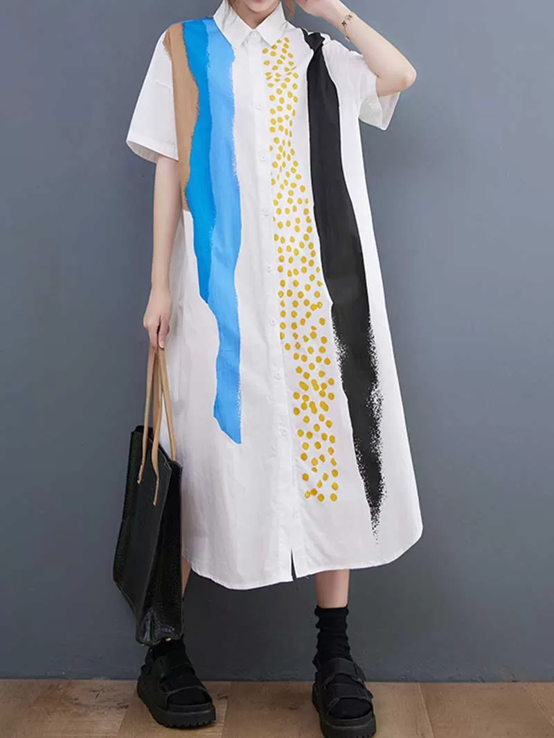 Cotton Art Print Short Sleeve Shirt Dress