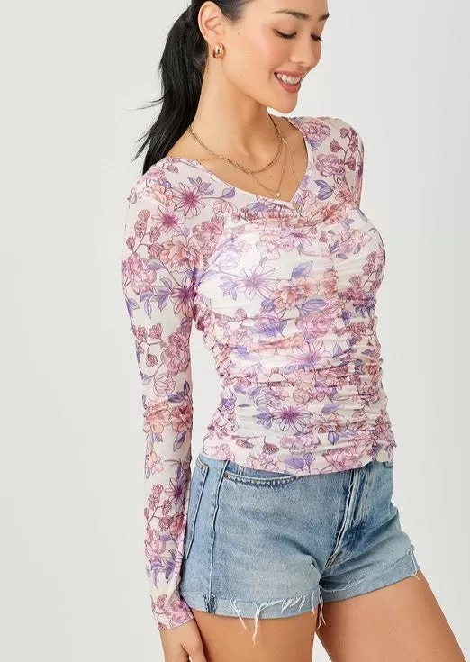 Cream Floral Ruched Top