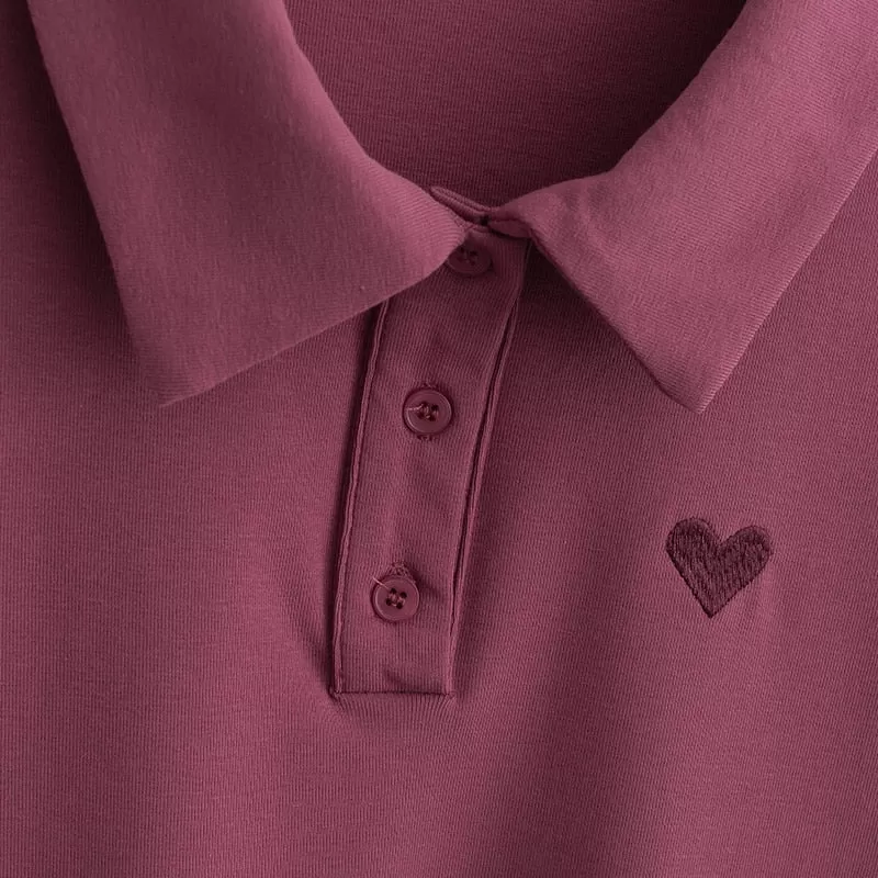 Cropped Polo Shirt with Heart Embroidery