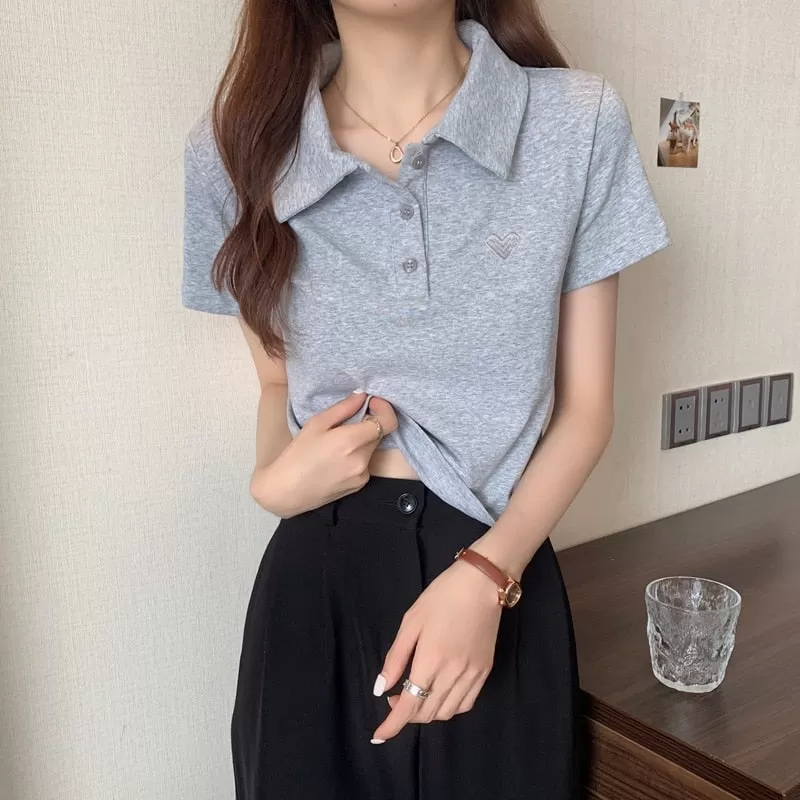 Cropped Polo Shirt with Heart Embroidery