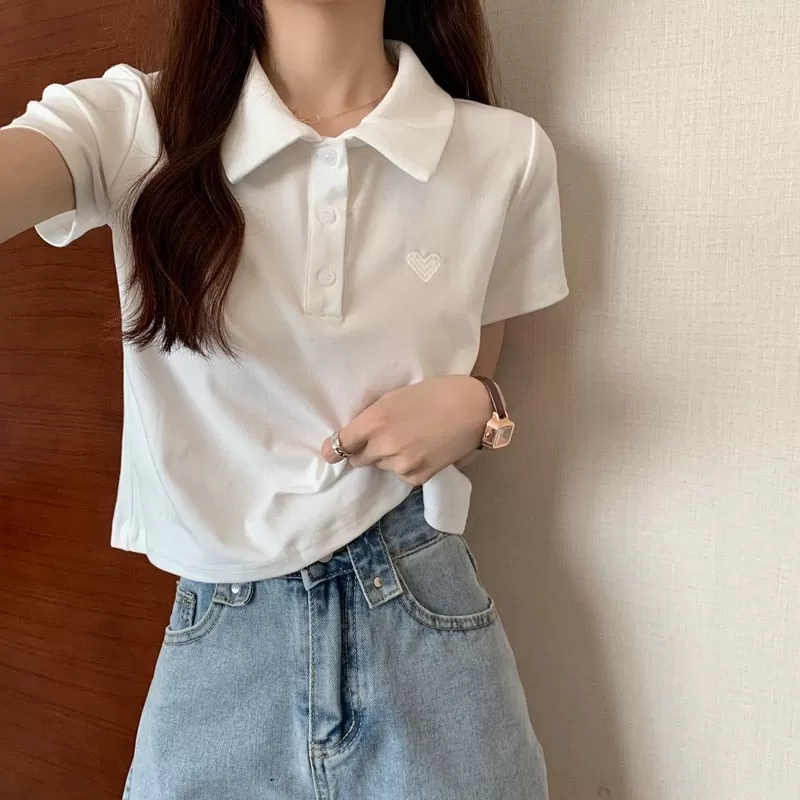 Cropped Polo Shirt with Heart Embroidery