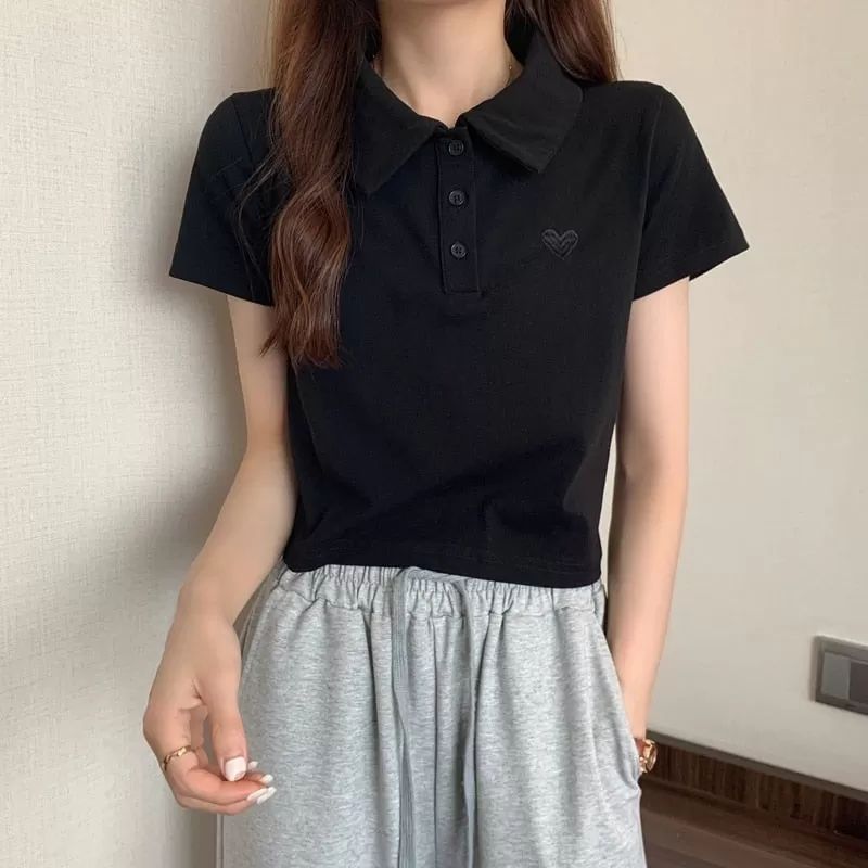 Cropped Polo Shirt with Heart Embroidery