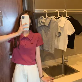 Cropped Polo Shirt with Heart Embroidery