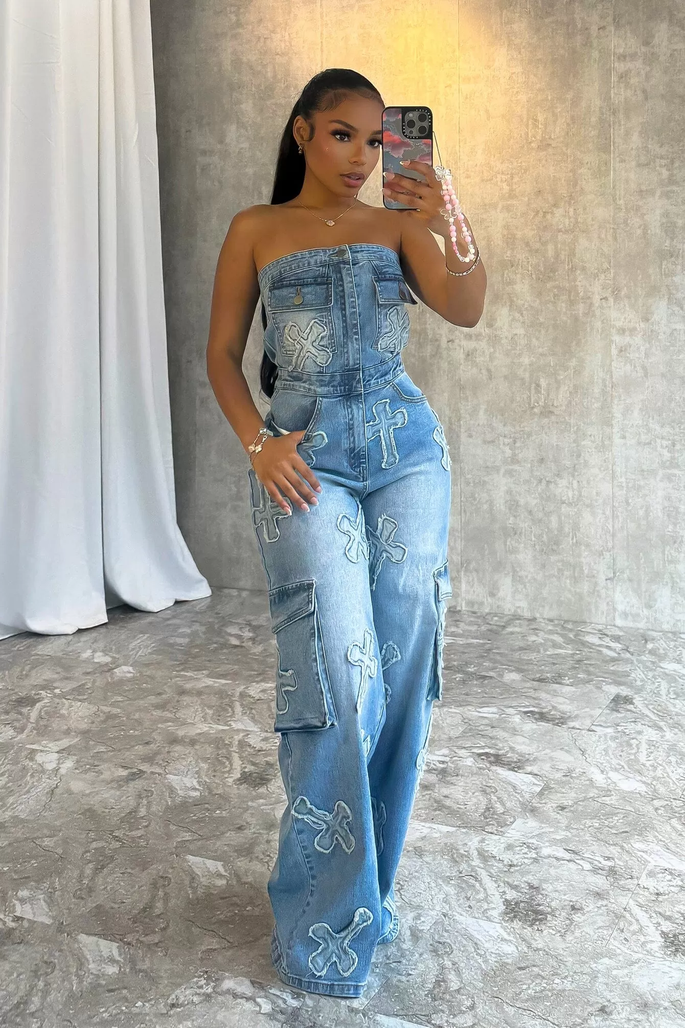 Cross Your Mind Patched Denim Jumpsuit