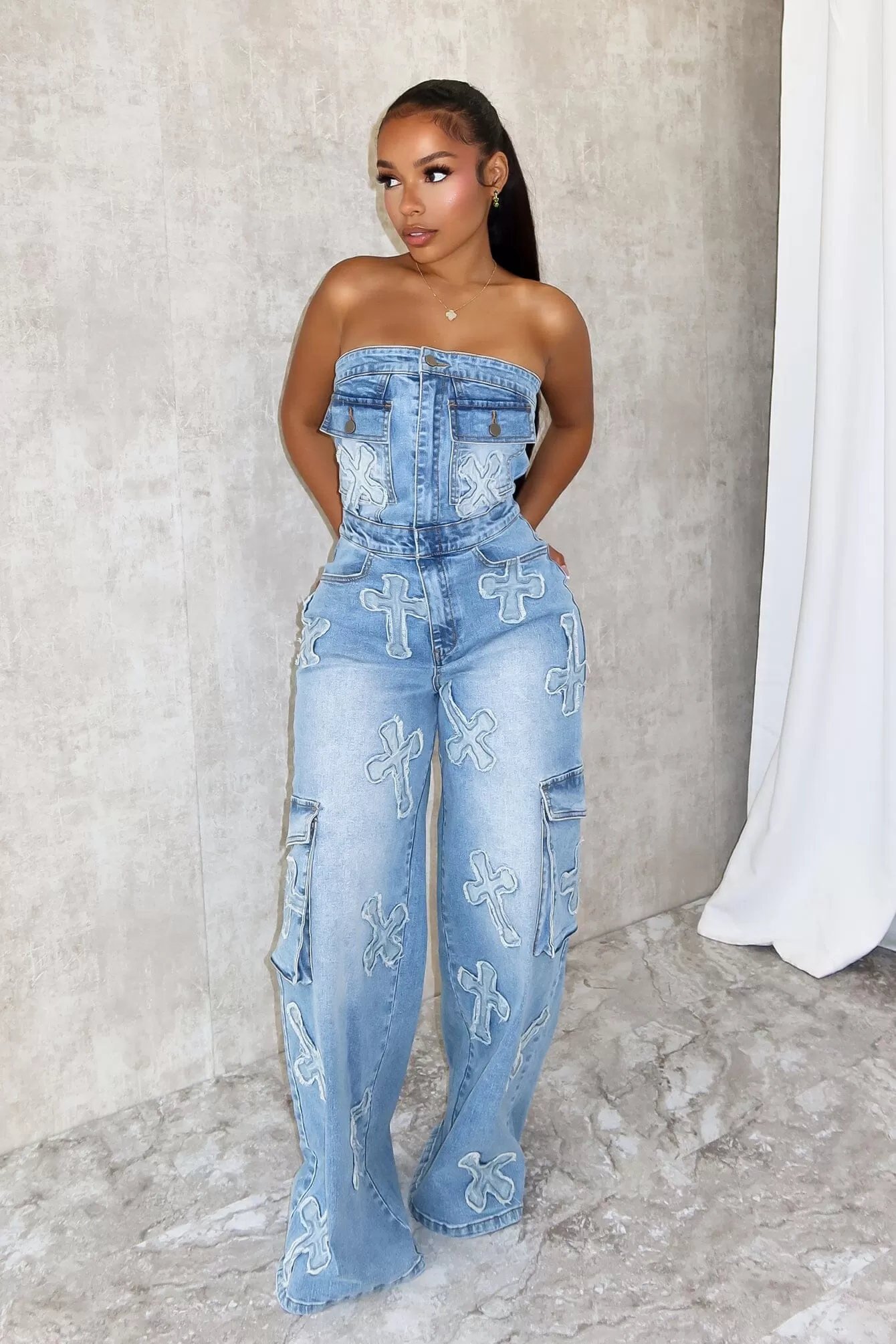 Cross Your Mind Patched Denim Jumpsuit