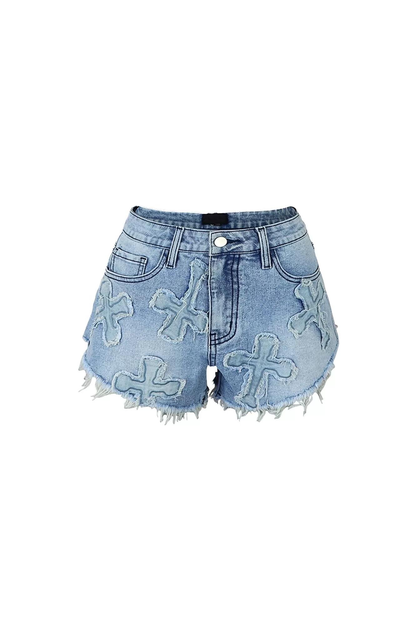 Cross Your Mind Patched Light Denim Shorts