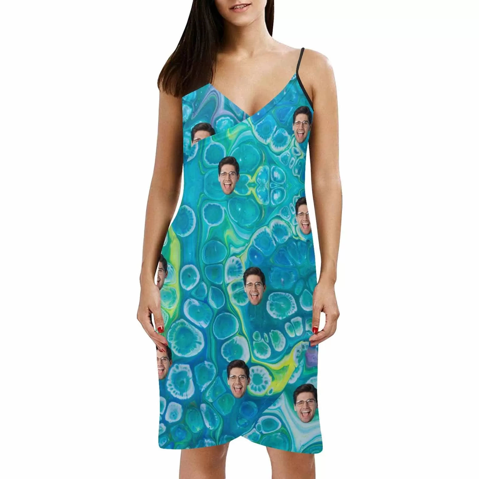 Custom Face Ocean Color Strap Backless Beach Dress Personalized Women's Cover up Beach Dress