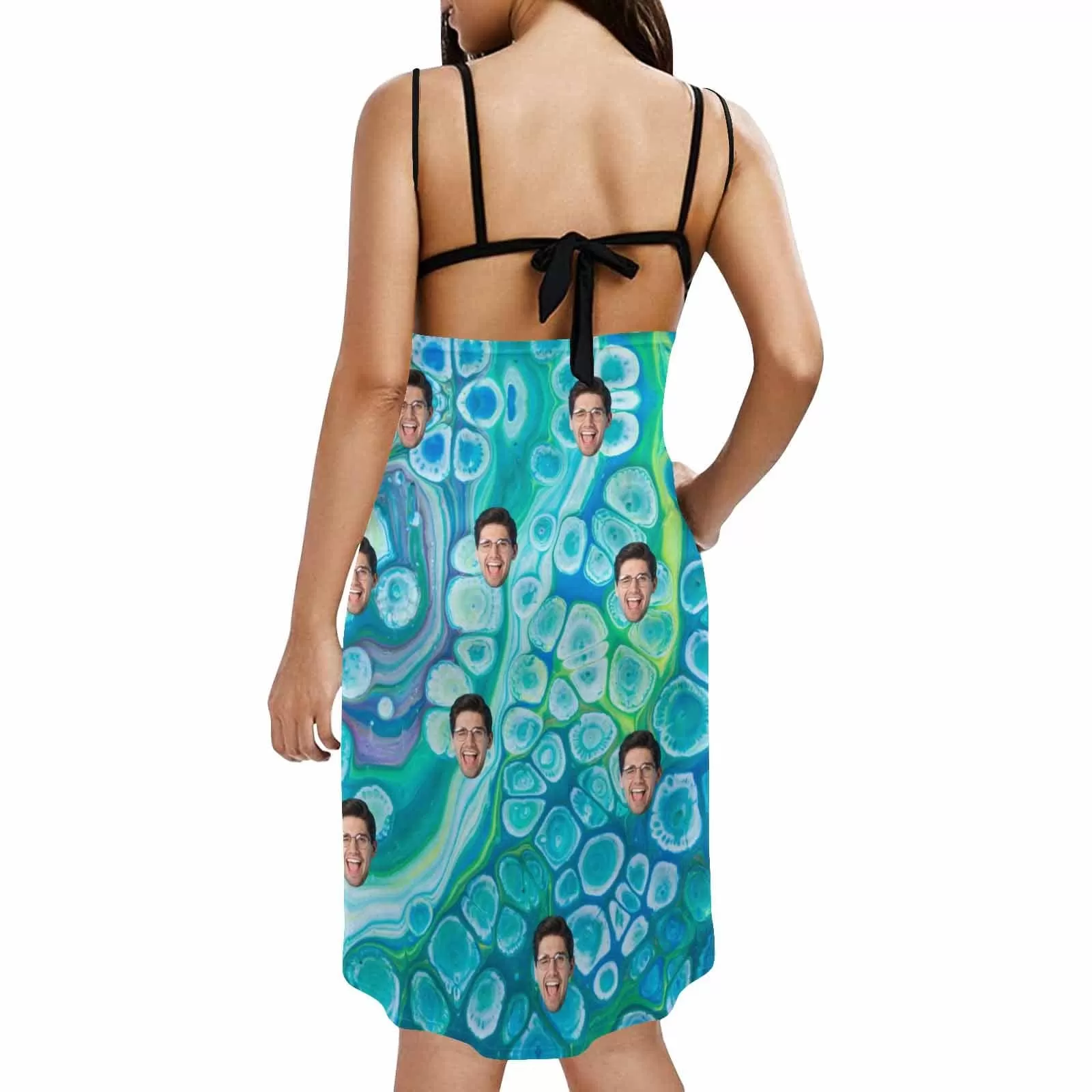 Custom Face Ocean Color Strap Backless Beach Dress Personalized Women's Cover up Beach Dress