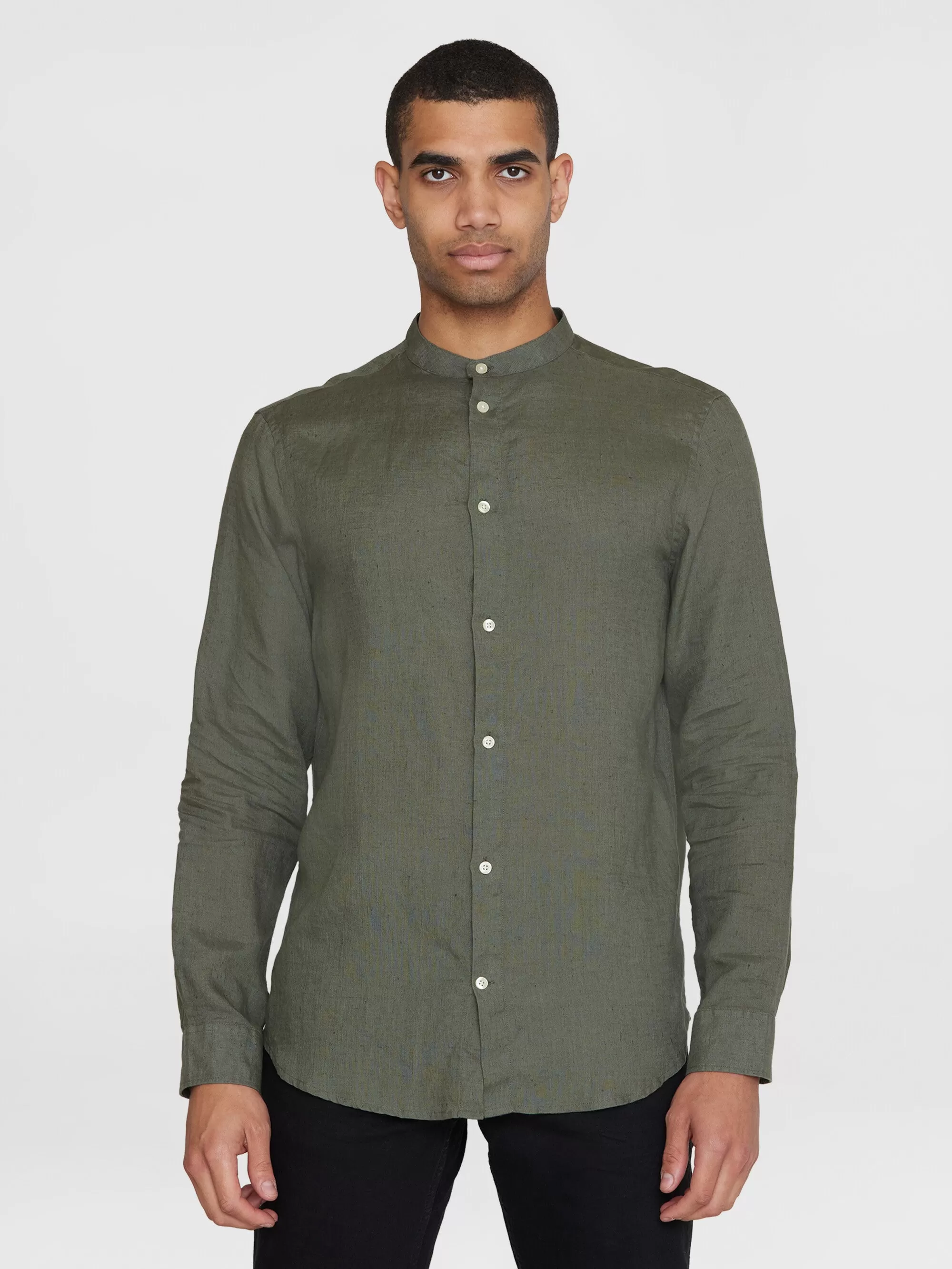 Custom fit linen stand collar shirt - Burned Olive