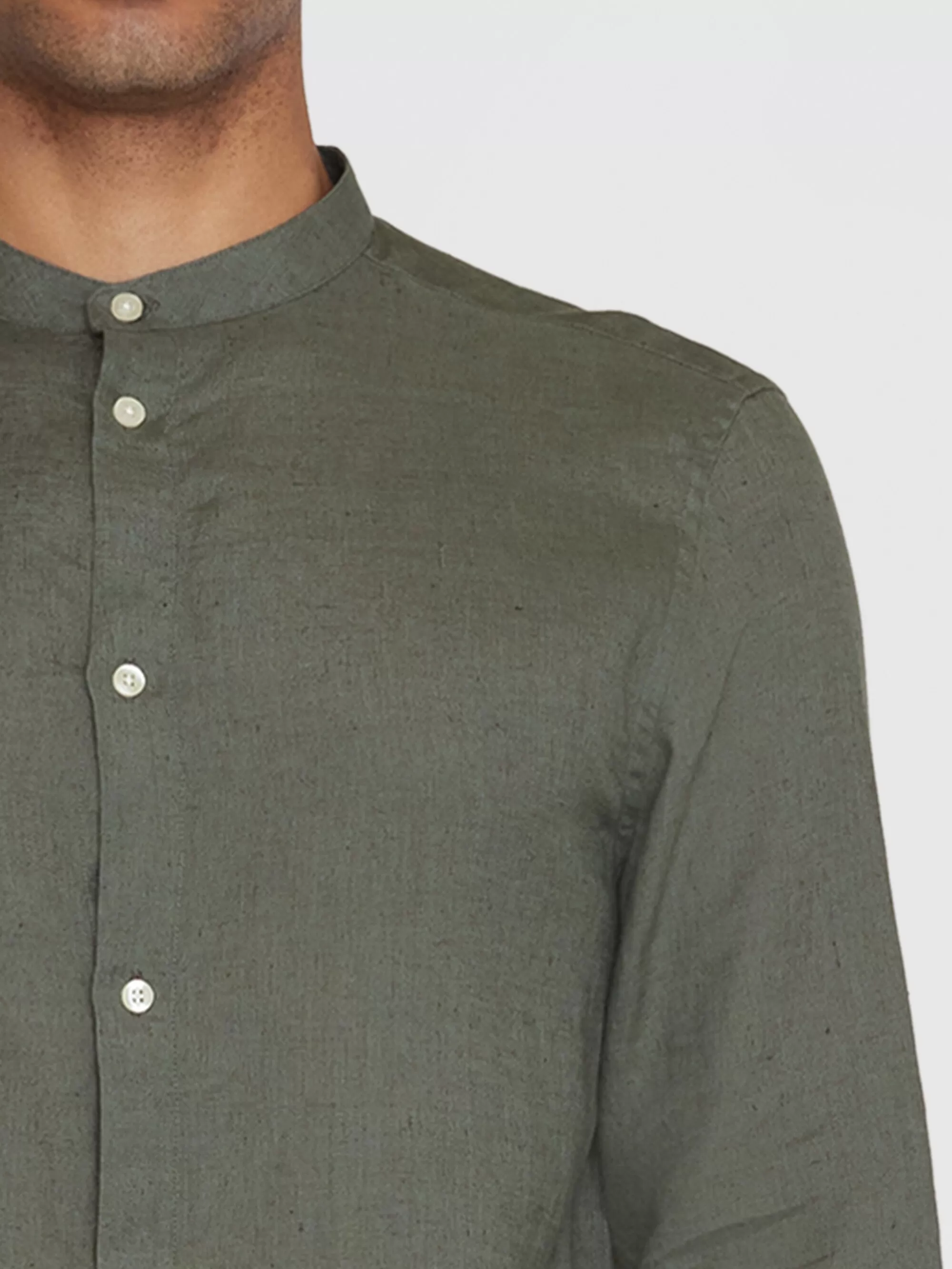 Custom fit linen stand collar shirt - Burned Olive