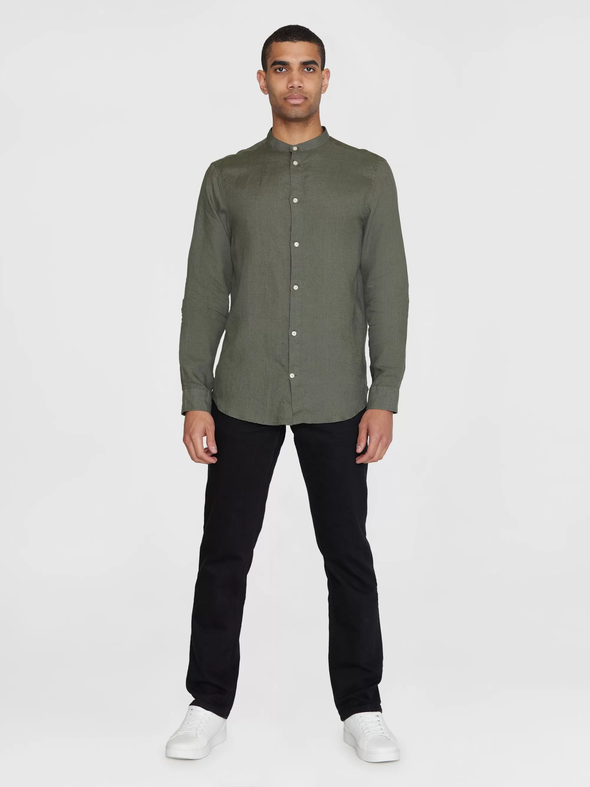 Custom fit linen stand collar shirt - Burned Olive