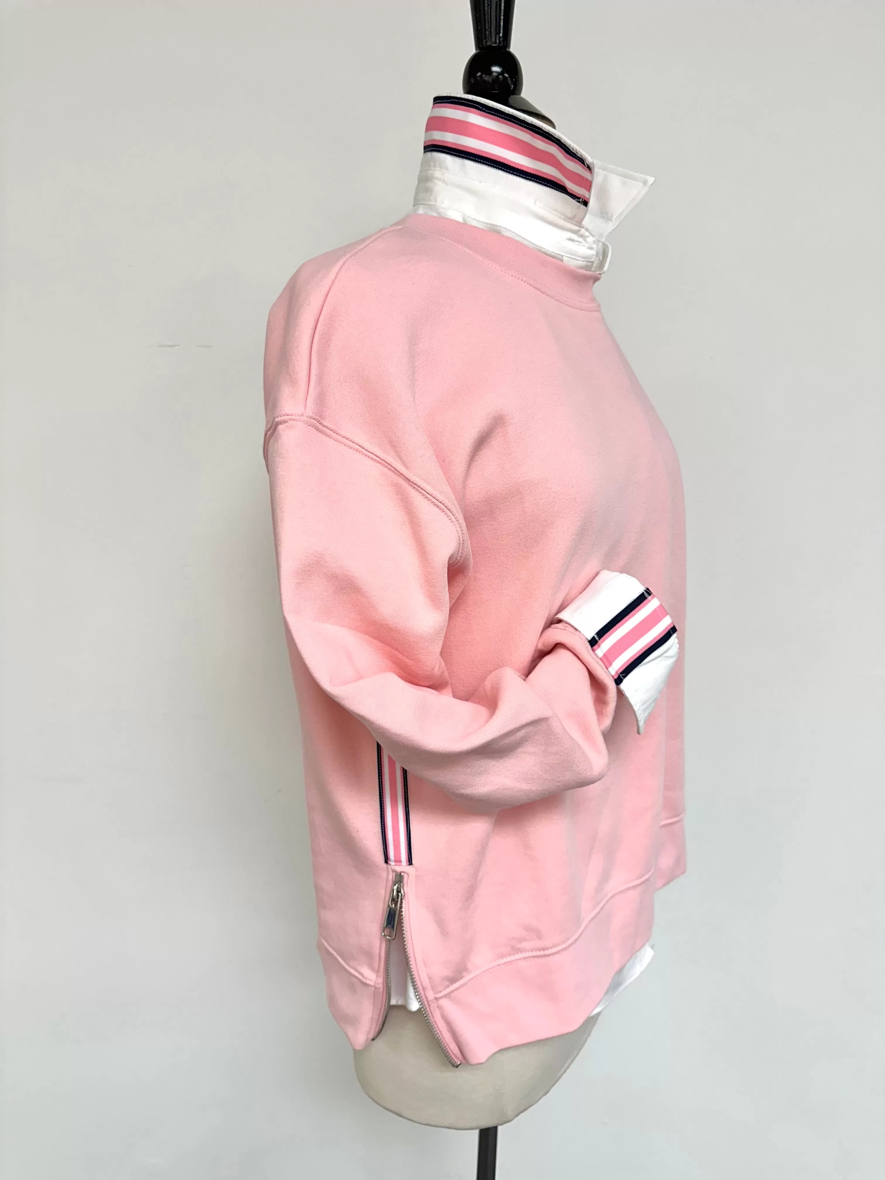 Danny Crew Neck Sweatshirt -Pink w Pink, White & Navy Stripe Ribbon (Danny03)