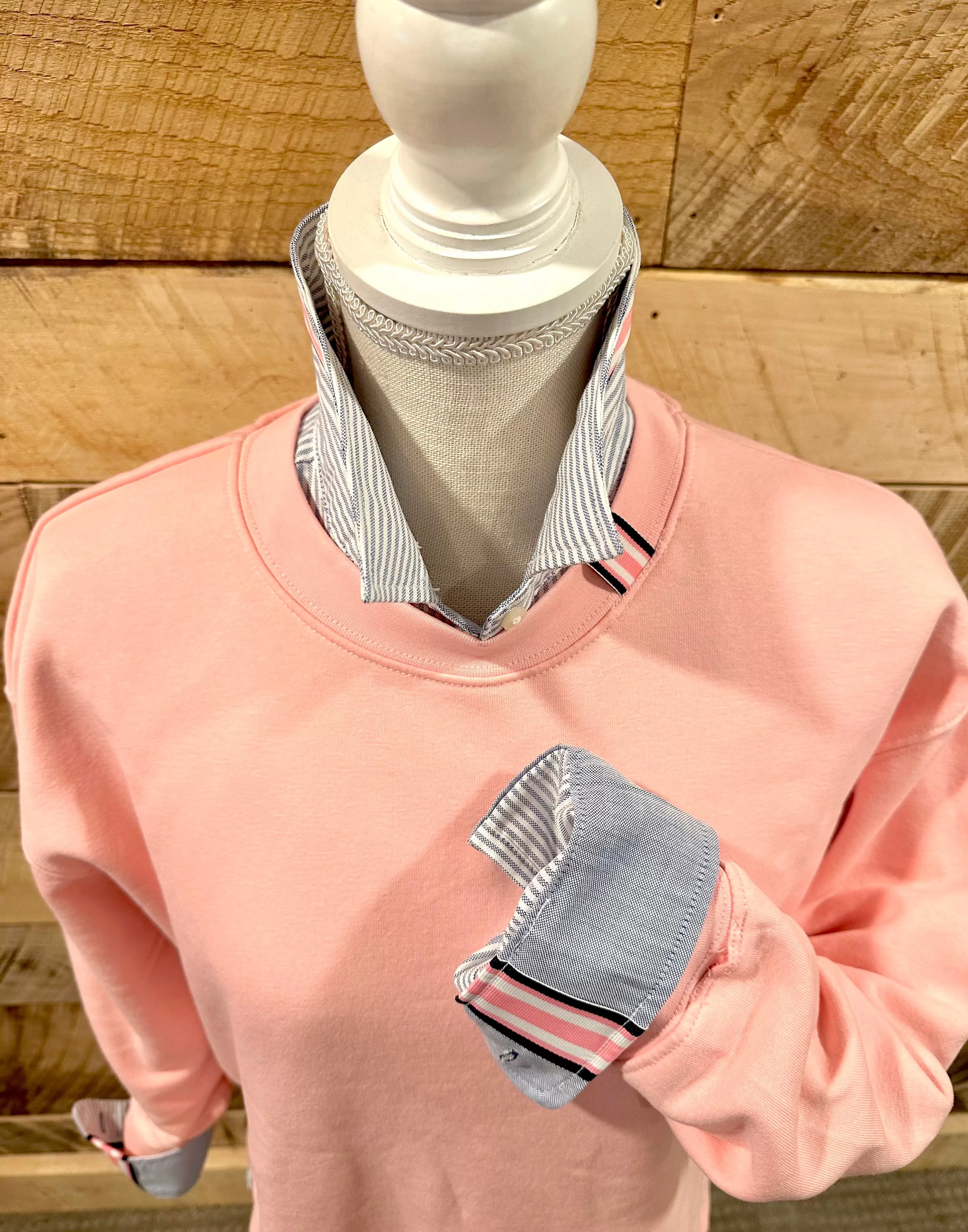 Danny Crew Neck Sweatshirt -Pink w Pink, White & Navy Stripe Ribbon (Danny03)