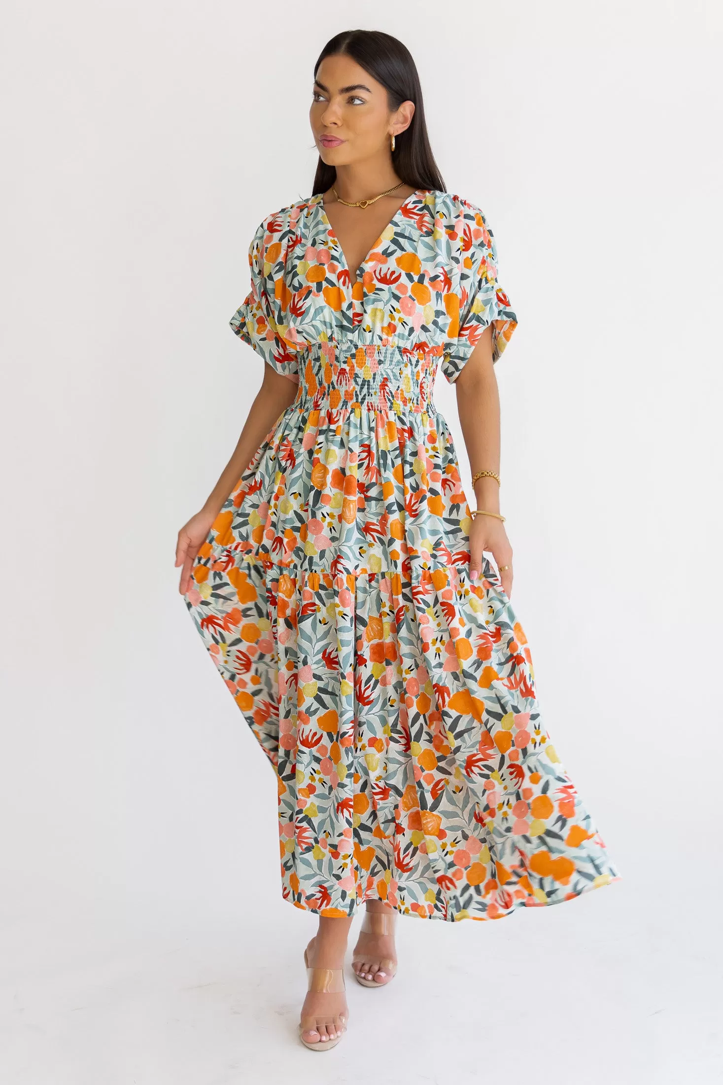 Daria Peach Floral Maxi Dress