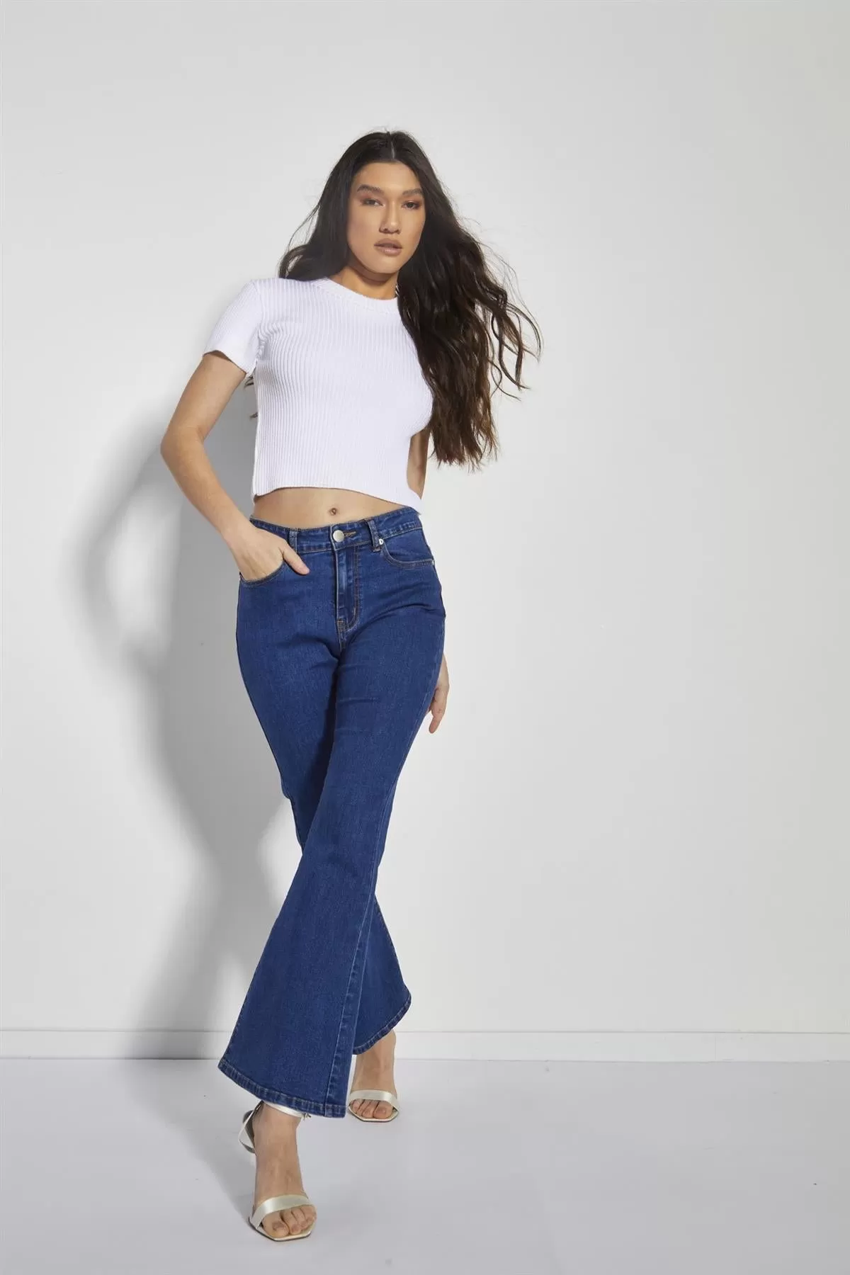 Dark-Blue Wash Flared High-Waisted Jeans