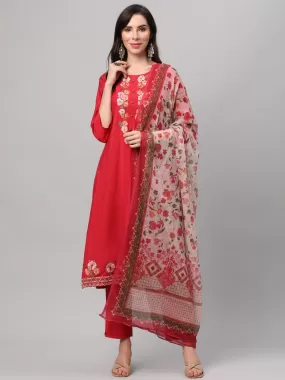 Dark Coral Embroidered Kurta Pant Dupatta