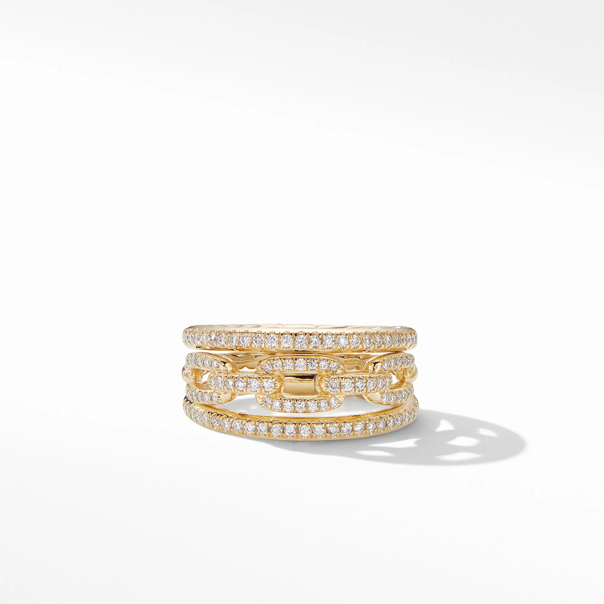 David Yurman Stax Three-Row Chain Link Ring in 18K Yellow Gold and Diamonds, 10MM