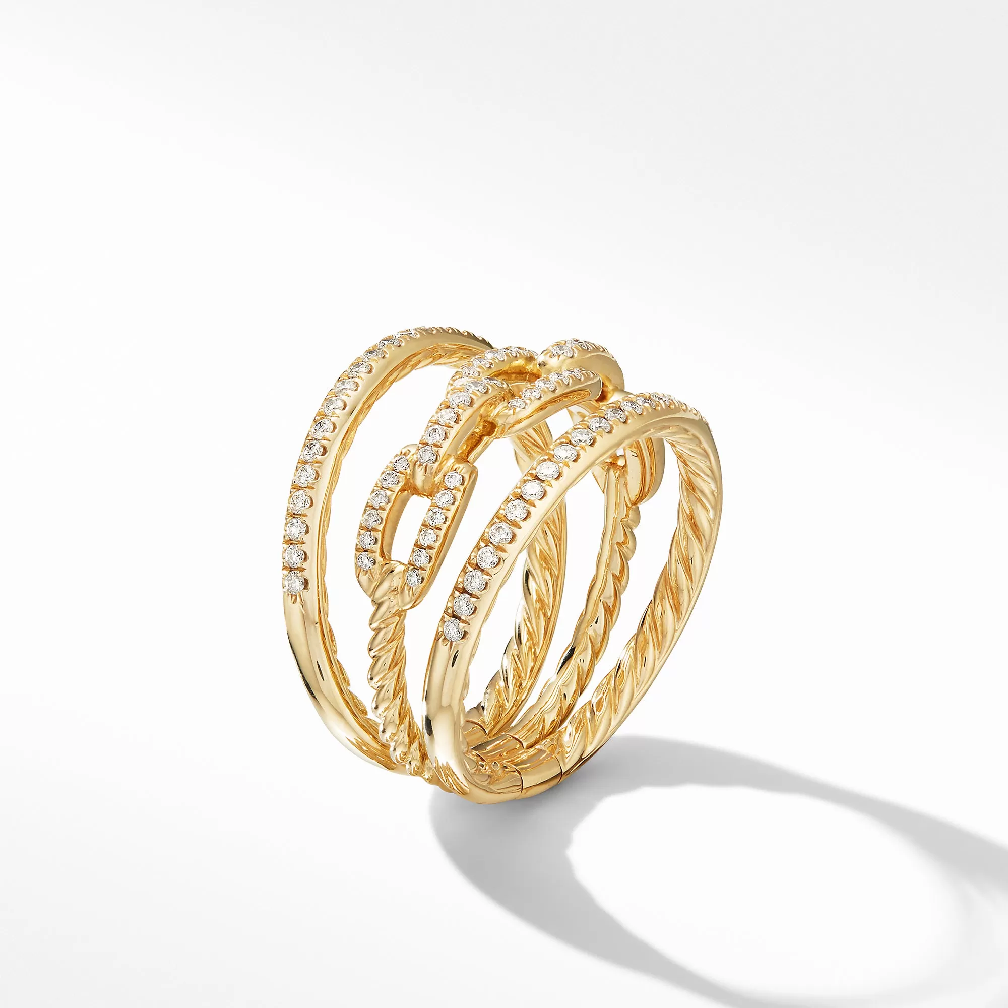 David Yurman Stax Three-Row Chain Link Ring in 18K Yellow Gold and Diamonds, 10MM