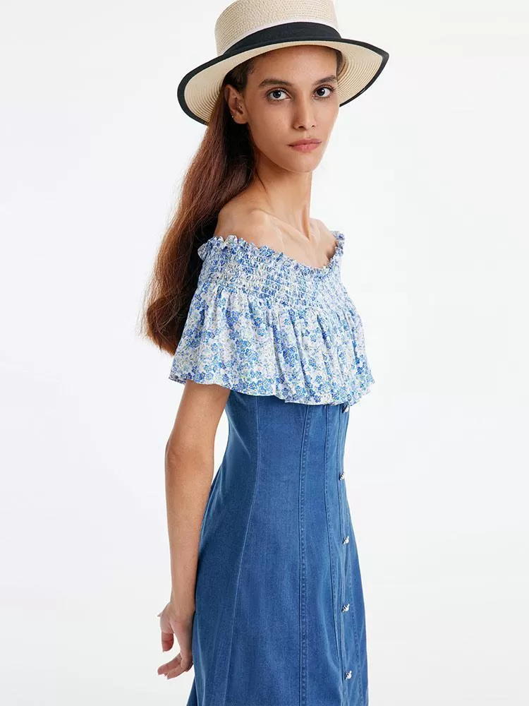 Denim Dress With Patchwork Floral