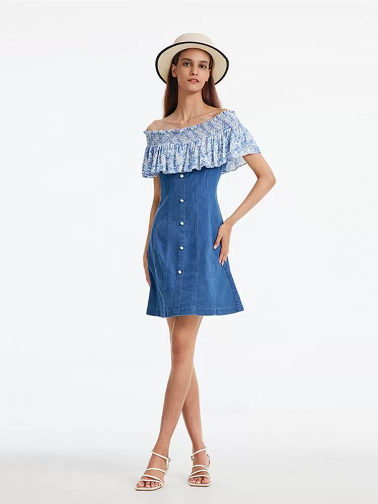 Denim Dress With Patchwork Floral