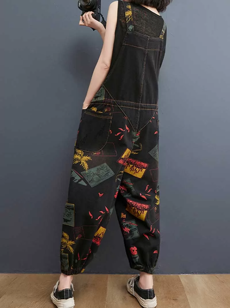 Denim Printed Women's Nine-Point Pants High Waist Overalls Dungaree