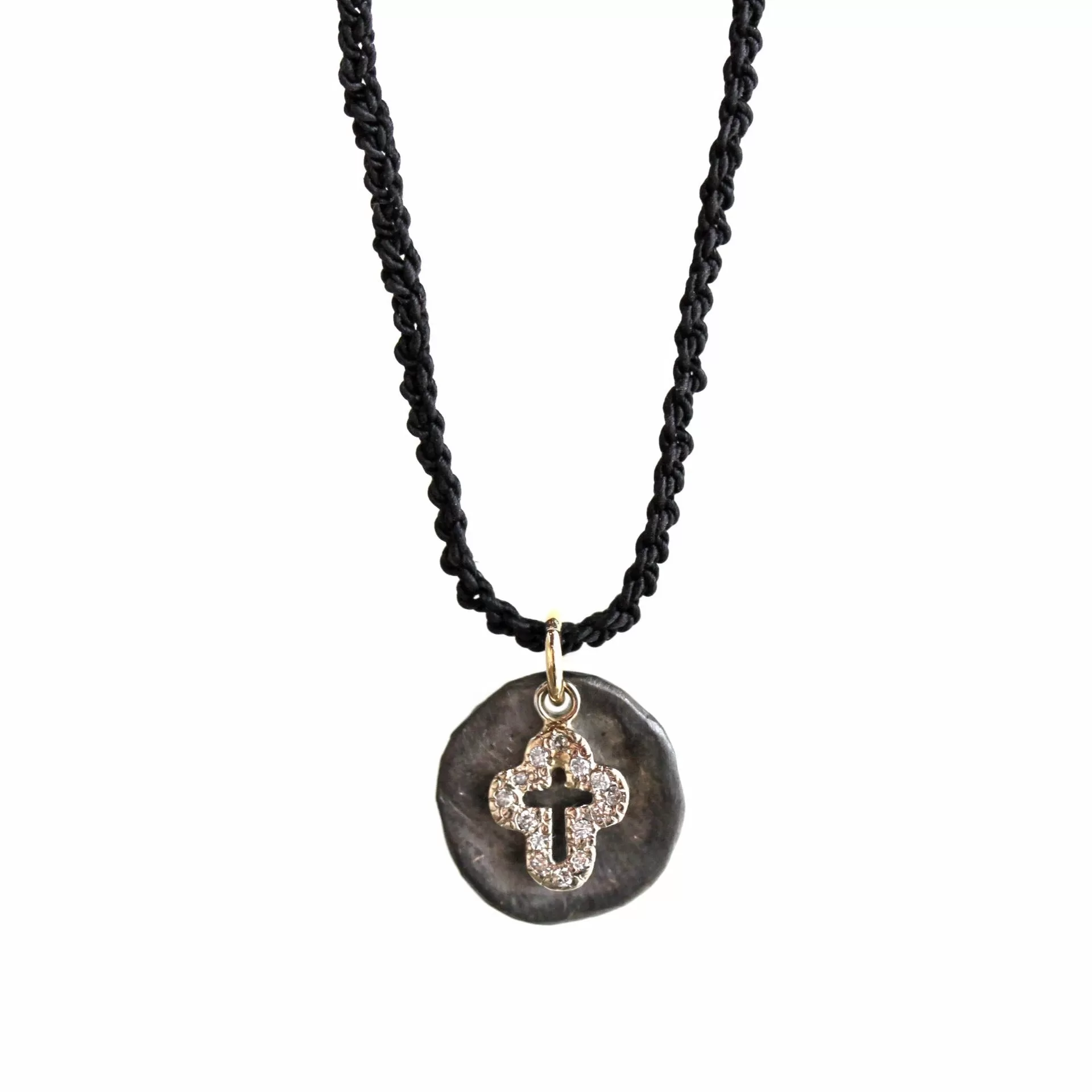 Diamond Cross Oxidized Disc Necklace