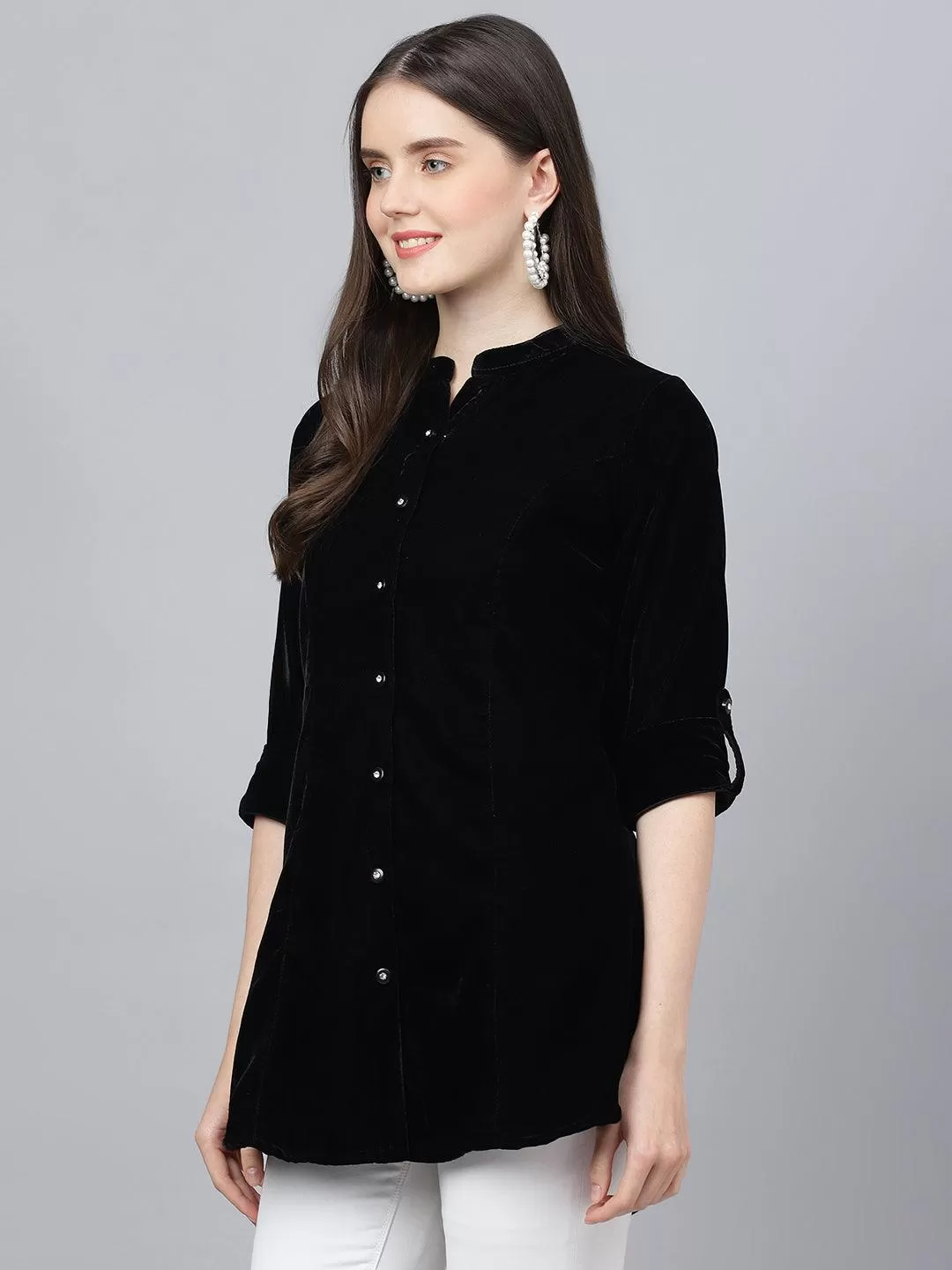 Divena Black Solid Velvet A-line Shirts Style Top