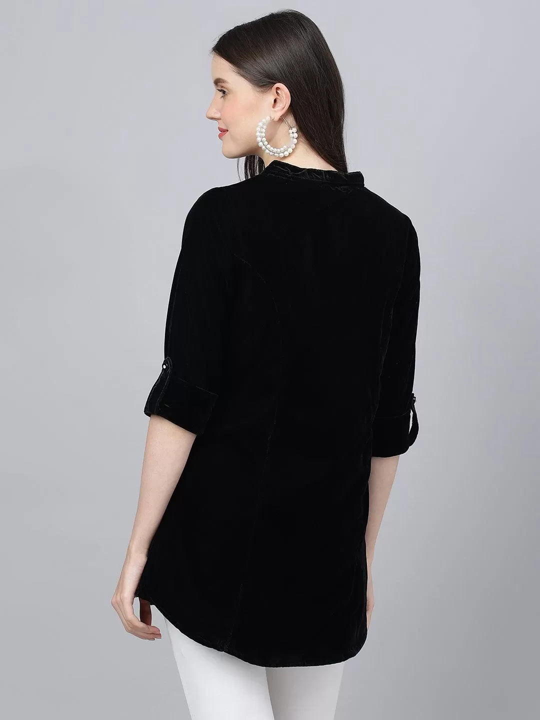 Divena Black Solid Velvet A-line Shirts Style Top