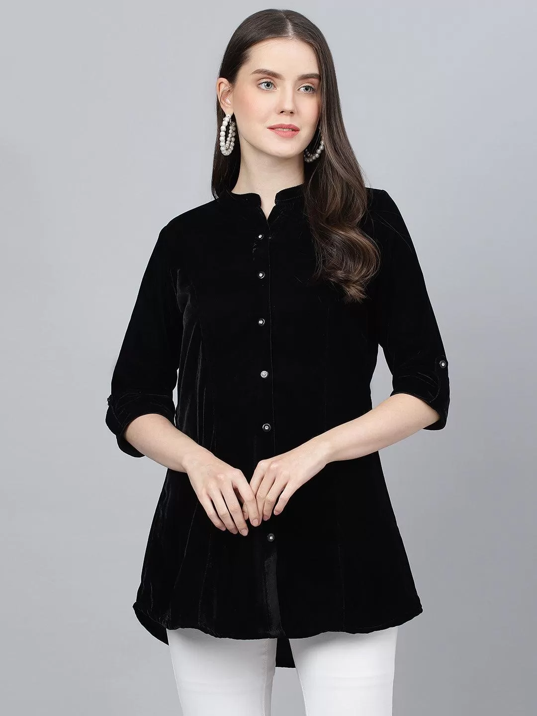 Divena Black Solid Velvet A-line Shirts Style Top