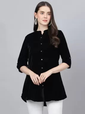 Divena Black Solid Velvet A-line Shirts Style Top