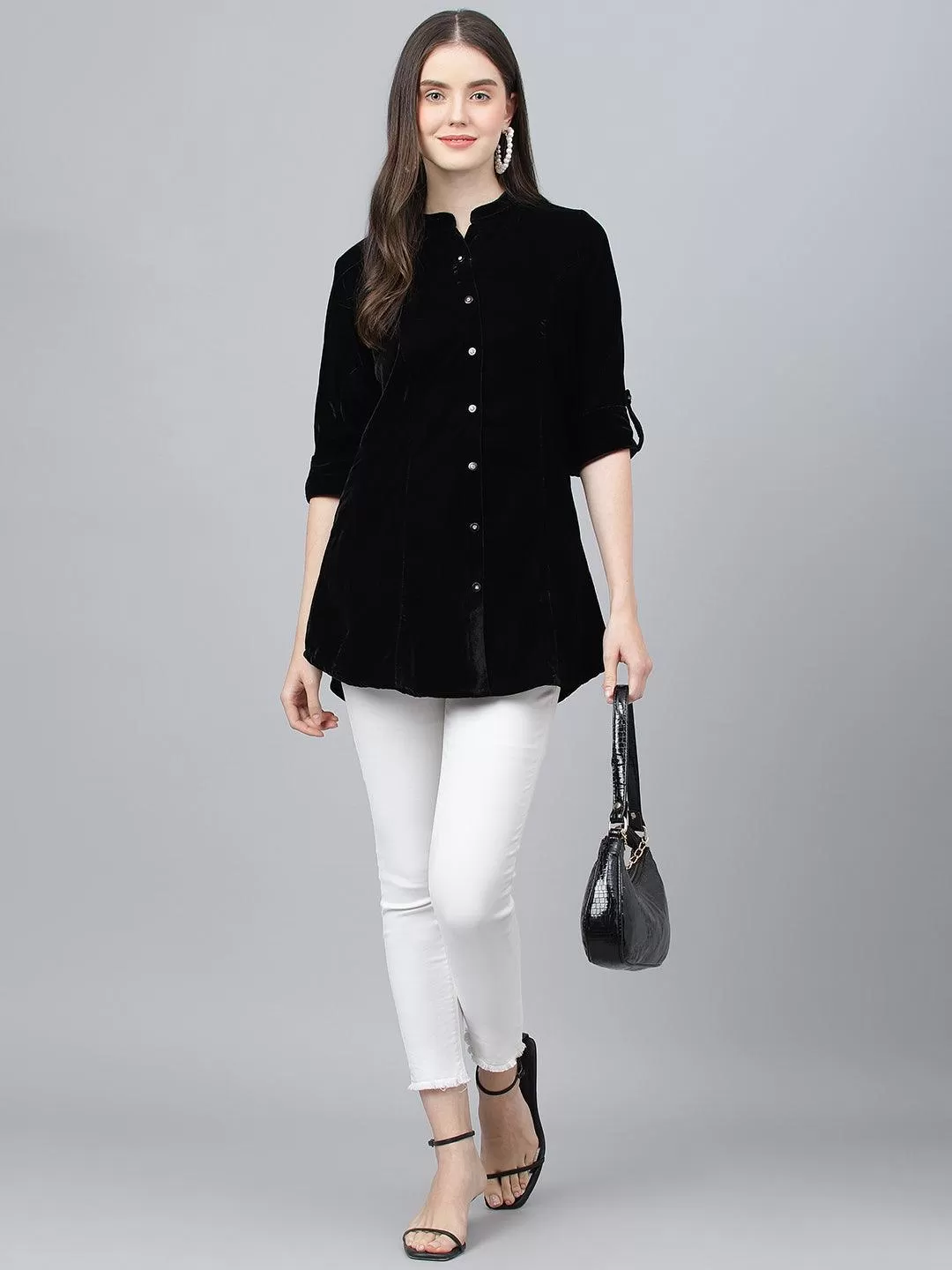 Divena Black Solid Velvet A-line Shirts Style Top