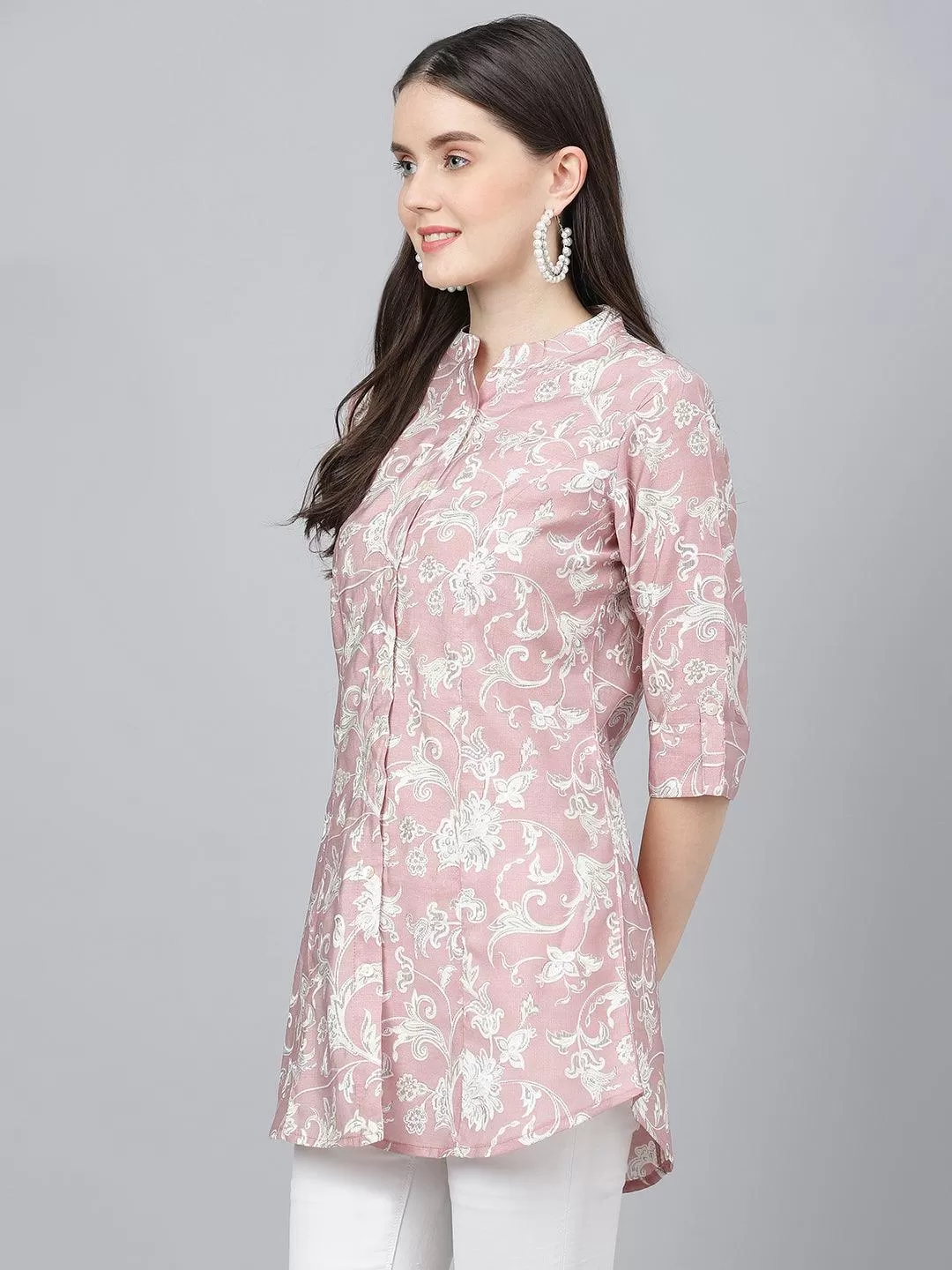 Divena Dusty pink Floral printed Modal A-line Shirts Style Top