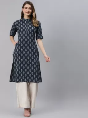 Divena Indigo Blue Cotton Straight Kurta