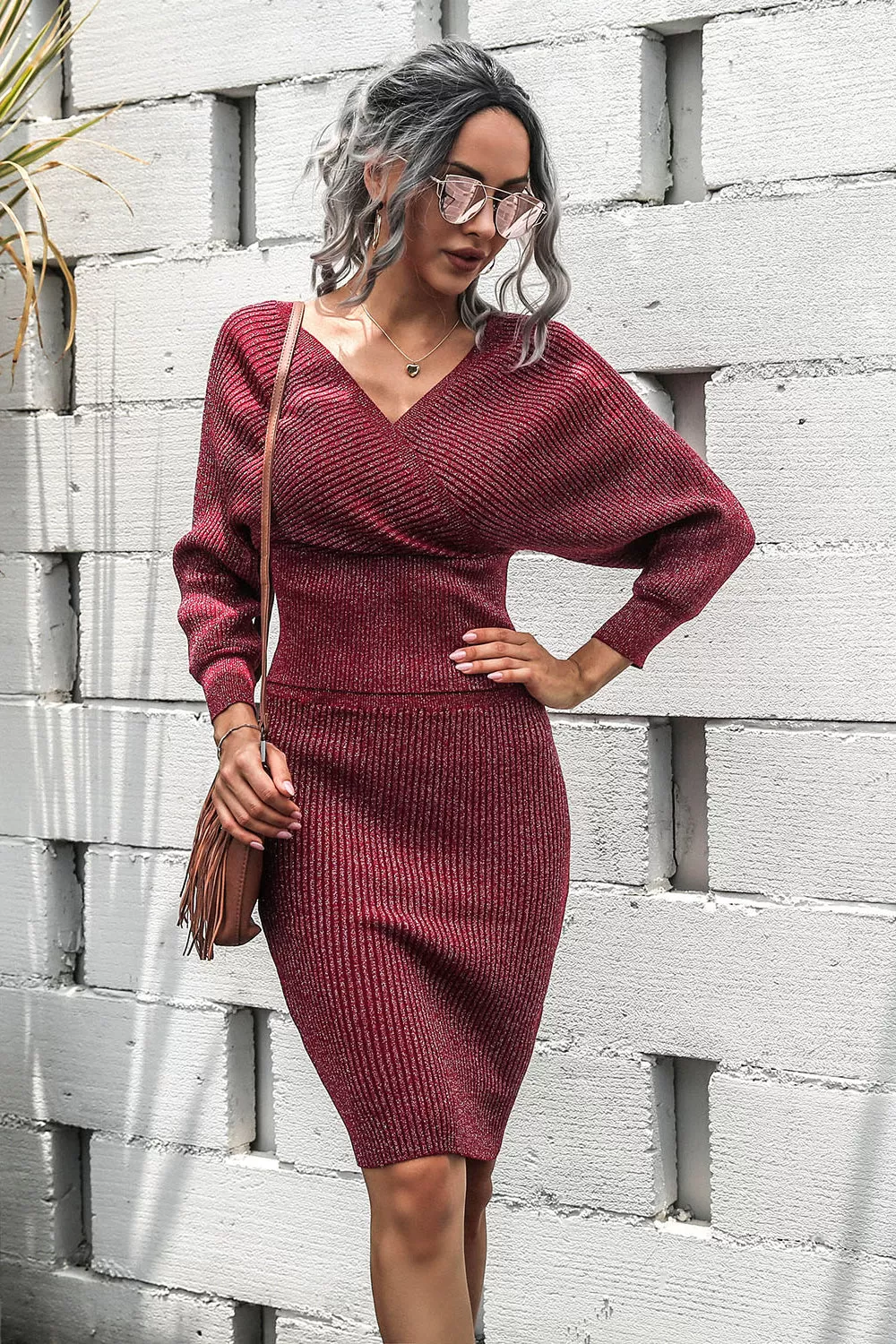 Dolman Sleeve Rib-Knit Top and Skirt Set