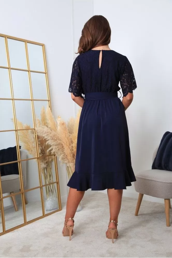 Double Second Navy Wrap Lace Dress With Frill Hem