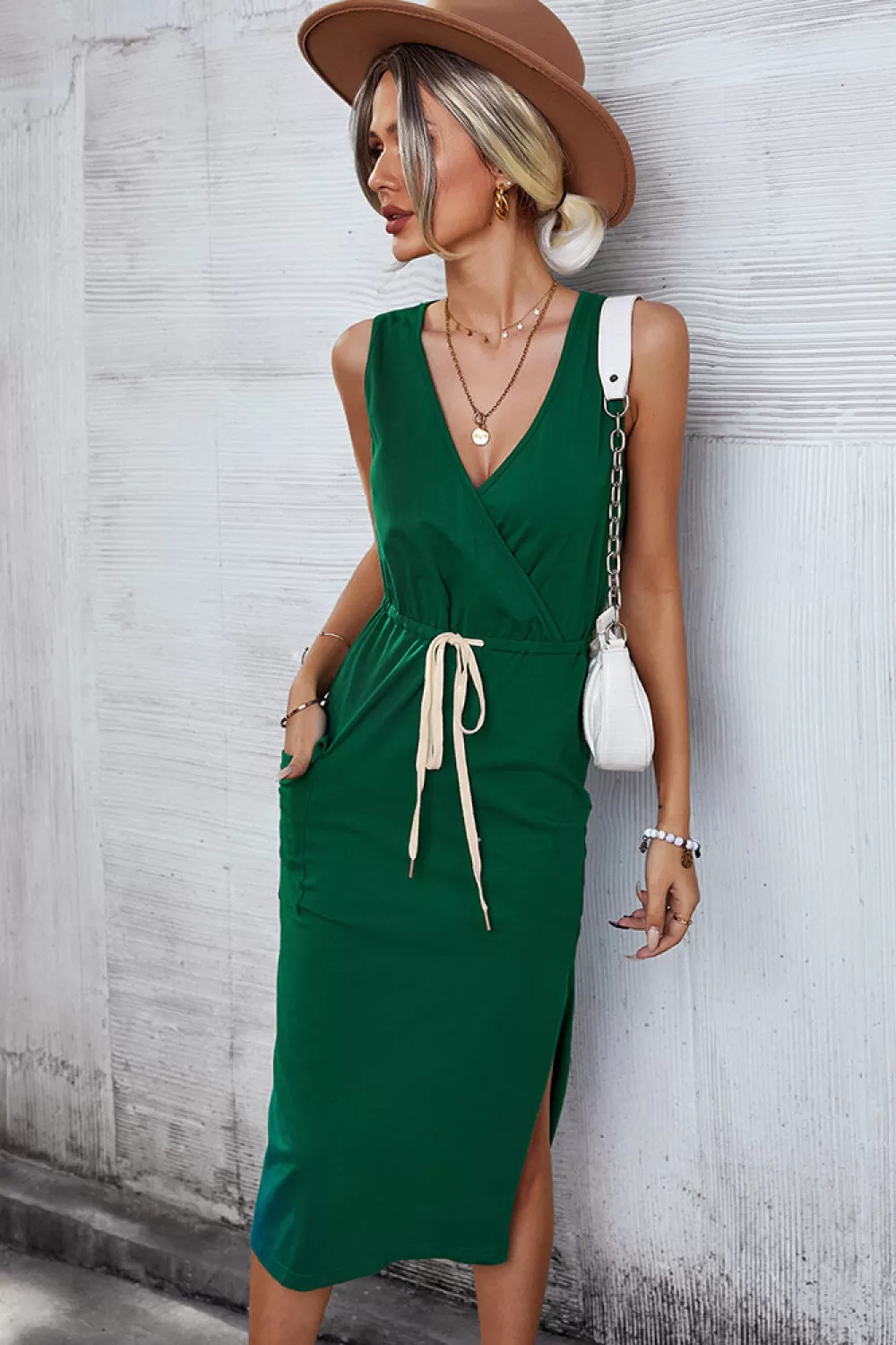 Drawstring Waist Surplice Sleeveless Midi Dress