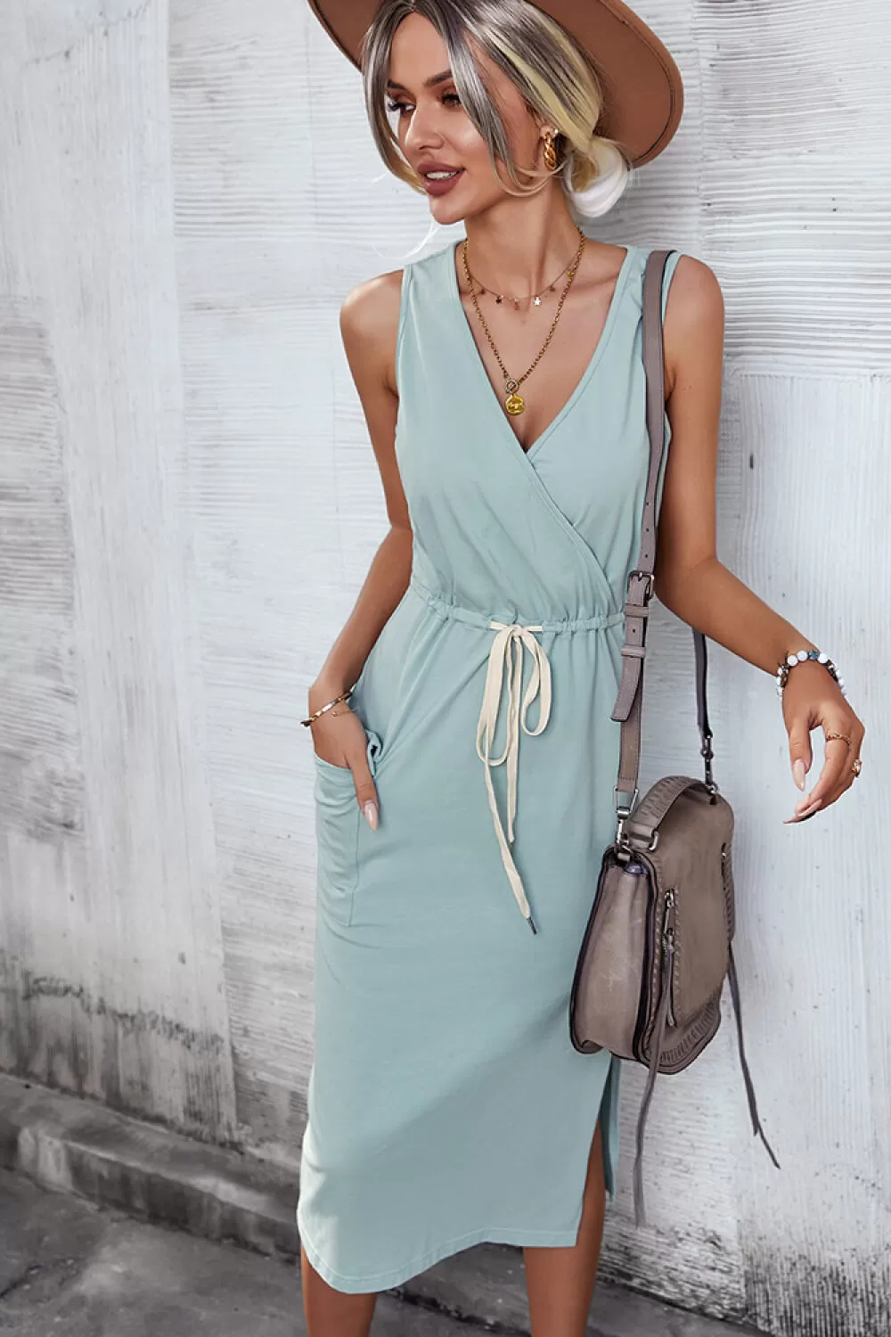 Drawstring Waist Surplice Sleeveless Midi Dress