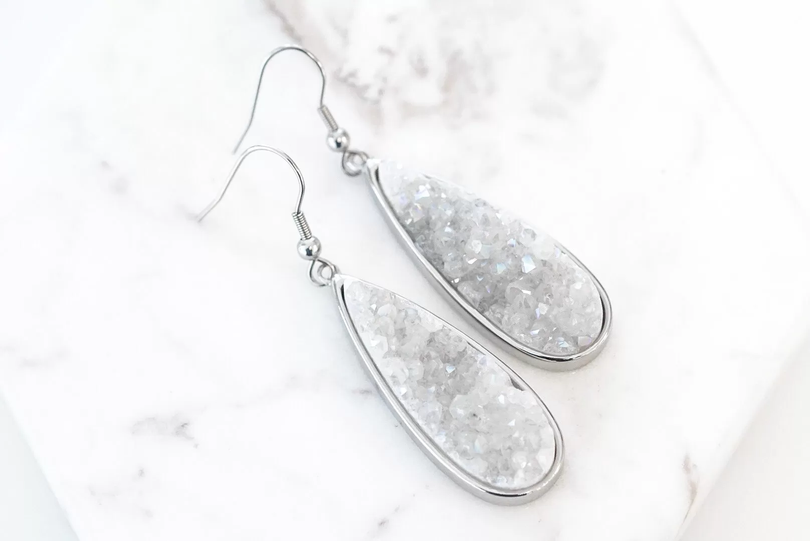 Druzy Collection - Silver Quartz Drop Earrings