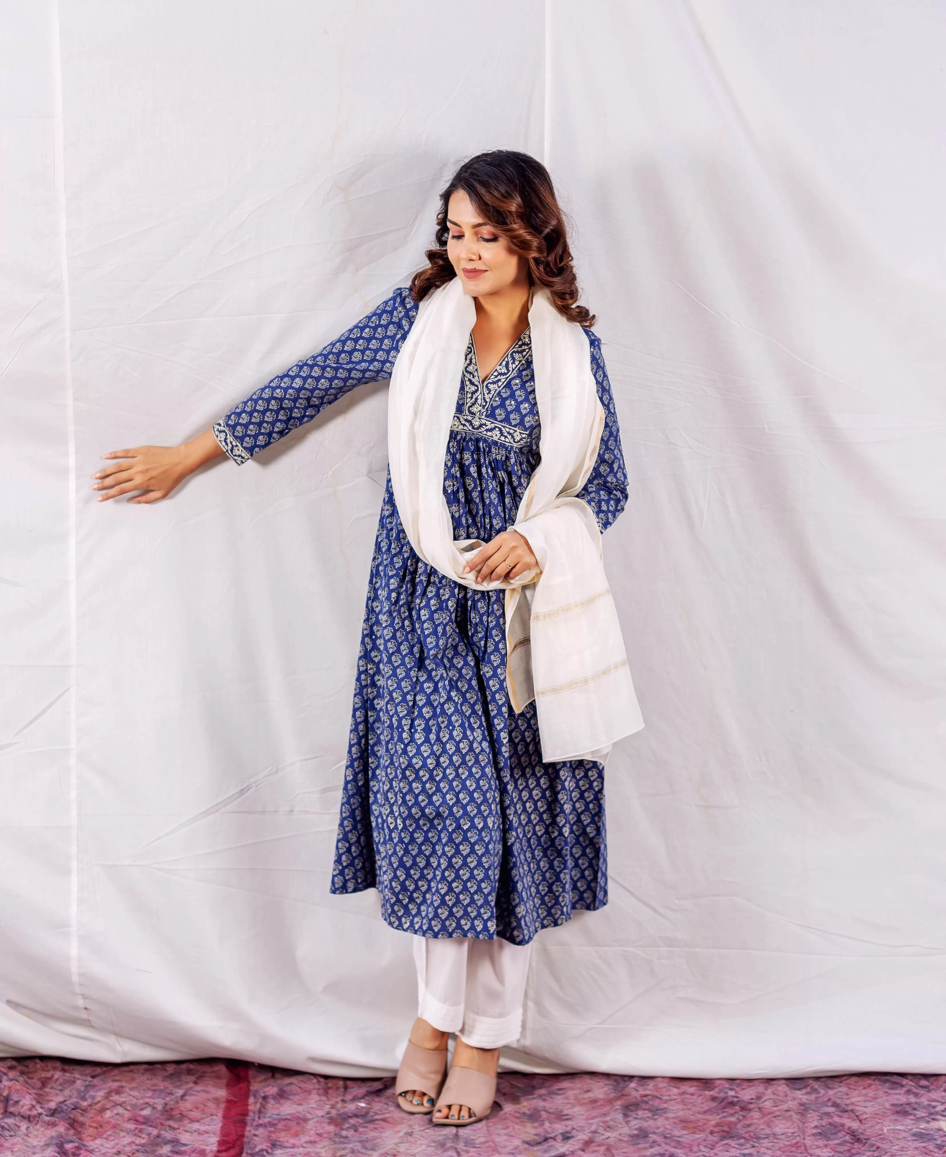 Eesha Indigo A-Line Block Printed Kurta