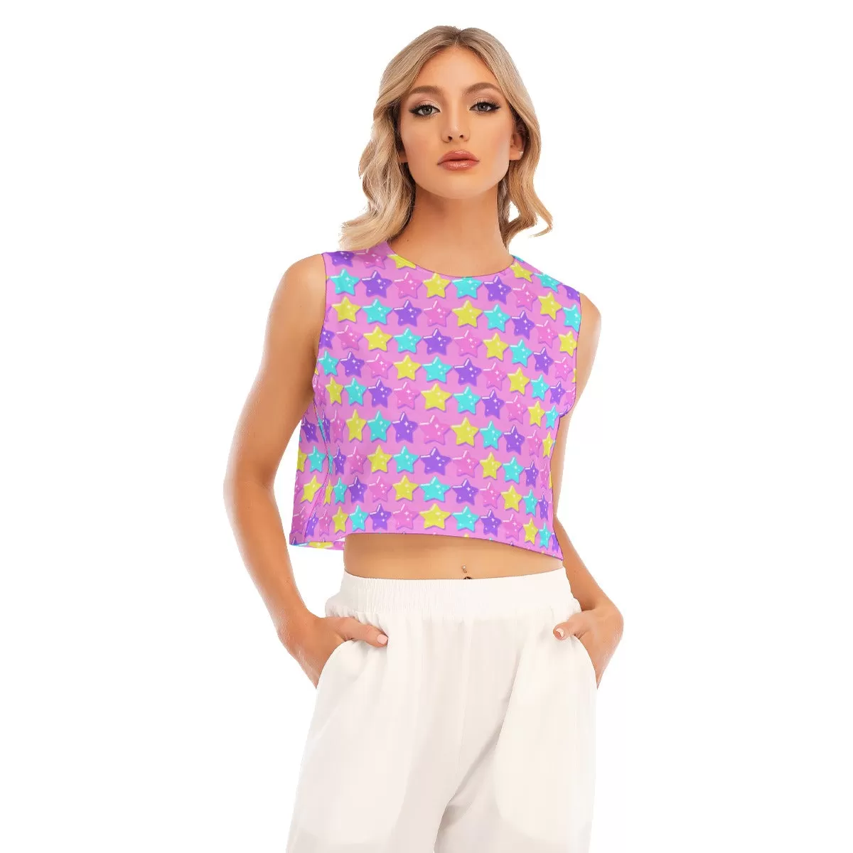 Electric Star Wave Pink Sleeveless Relaxed Fit Crop Top