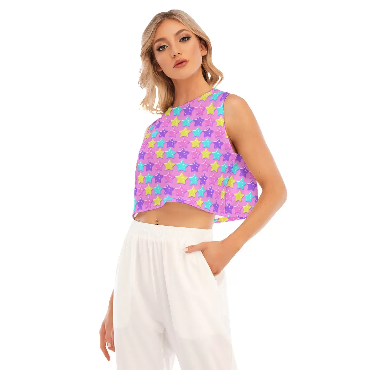 Electric Star Wave Pink Sleeveless Relaxed Fit Crop Top