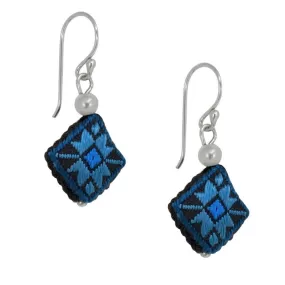 Embroidered Silk Earrings - Blue and Black