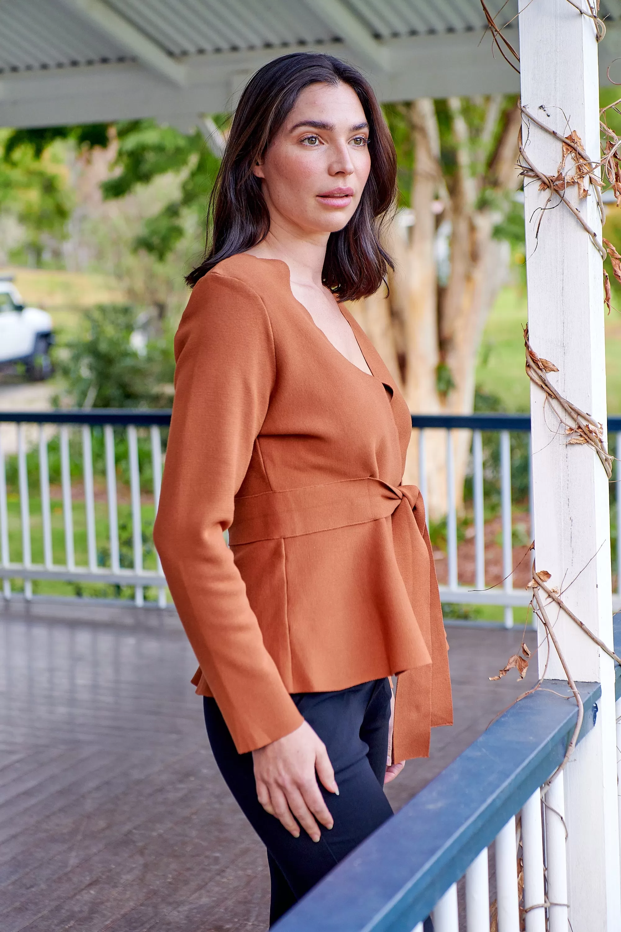 Ezra Burnt Orange Wrap Tie Front Knit Top