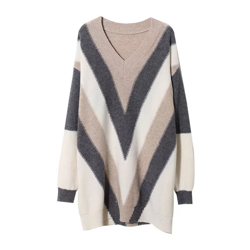 Fashion V-neck Striped Knitted Sweater