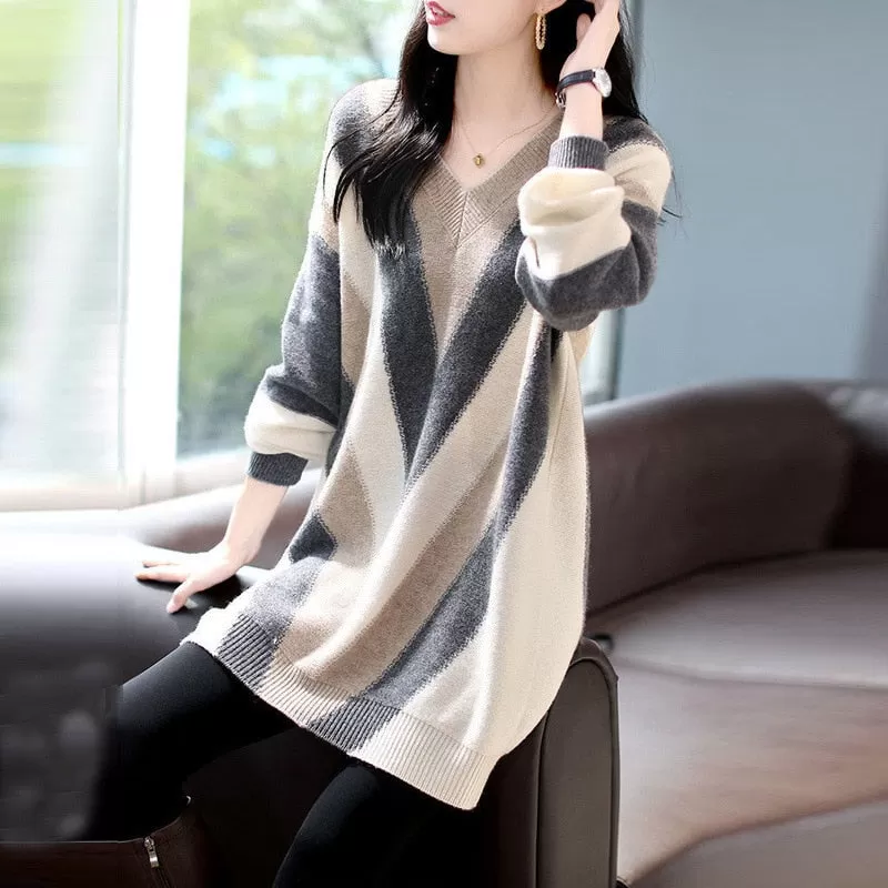 Fashion V-neck Striped Knitted Sweater