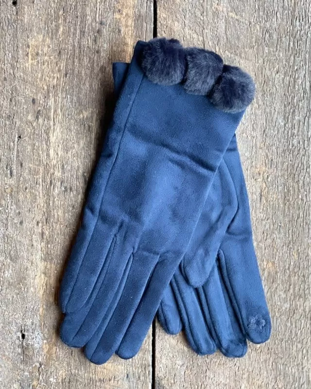 Faux Fur Pom Pom Gloves - Blue