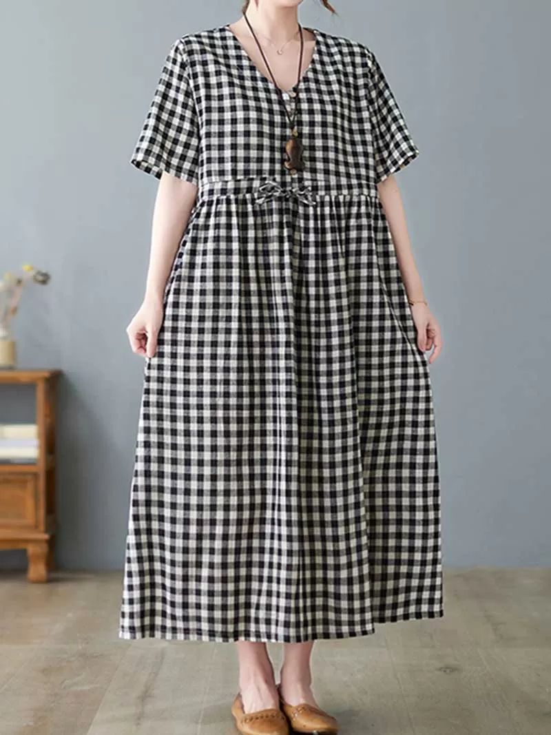 Feel Ambitious Plaid Cotton Smock Dress