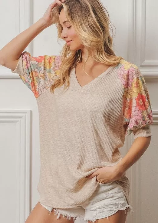 FINAL SALE - Floral Sleeve Oatmeal Top