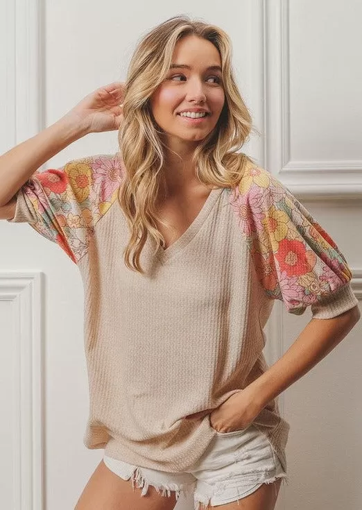 FINAL SALE - Floral Sleeve Oatmeal Top