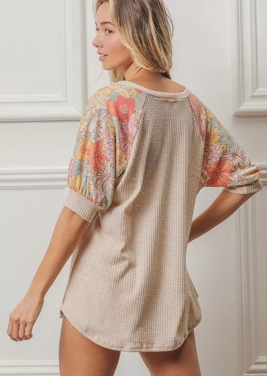 FINAL SALE - Floral Sleeve Oatmeal Top